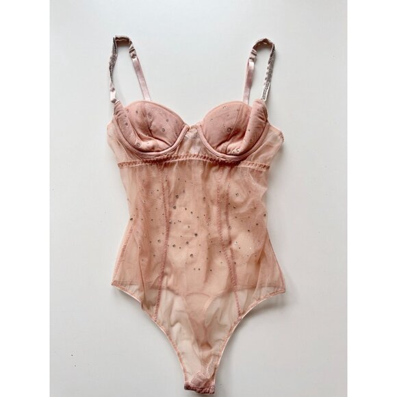 I.D. SARRIERI Light Pink Mesh Swarovski Rhinestone Thong Bodysuit, Size M - Picture 2 of 16